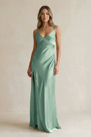 V - Neck Sheath Satin Bridesmaid Dress With Slit in Mint Green - KissProm Bridesmaid Dresses