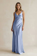 V - Neck Sheath Satin Bridesmaid Dress With Slit in Mist - KissProm Bridesmaid Dresses