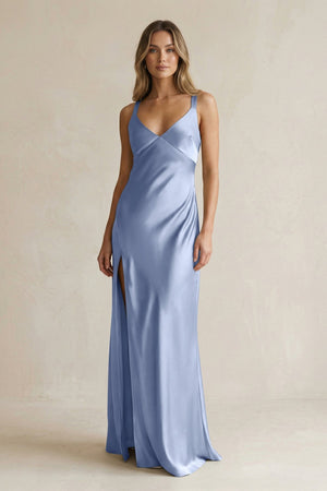 V - Neck Sheath Satin Bridesmaid Dress With Slit in Mist - KissProm Bridesmaid Dresses