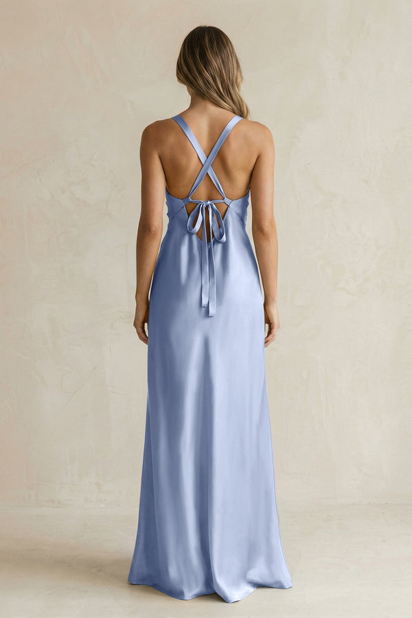 V - Neck Sheath Satin Bridesmaid Dress With Slit in Mist - KissProm Bridesmaid Dresses