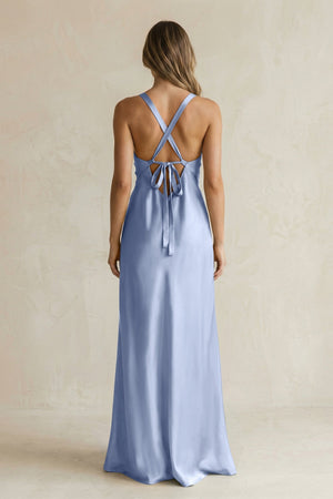 V - Neck Sheath Satin Bridesmaid Dress With Slit in Mist - KissProm Bridesmaid Dresses