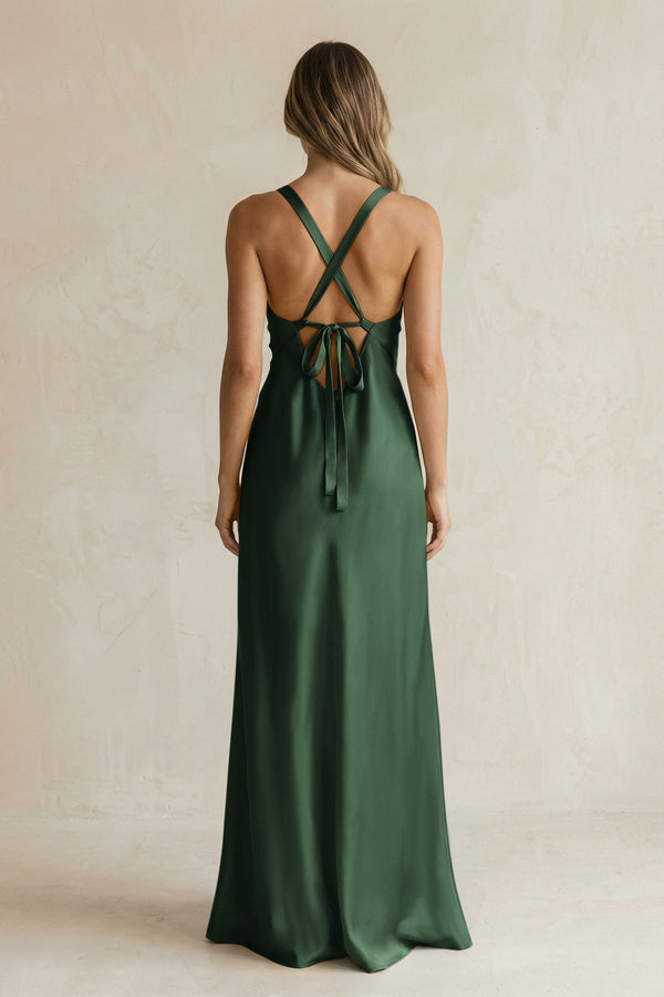 V - Neck Sheath Satin Bridesmaid Dress With Slit in Moss - KissProm Bridesmaid Dresses