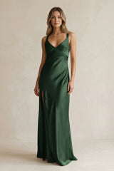 V - Neck Sheath Satin Bridesmaid Dress With Slit in Moss - KissProm Bridesmaid Dresses