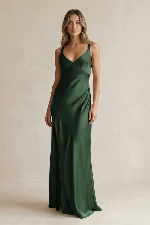 V - Neck Sheath Satin Bridesmaid Dress With Slit in Moss - KissProm Bridesmaid Dresses
