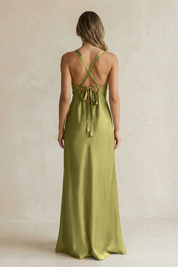 V - Neck Sheath Satin Bridesmaid Dress With Slit in Moss Green - KissProm Bridesmaid Dresses
