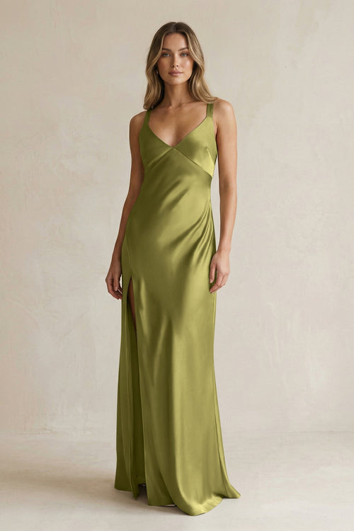 V - Neck Sheath Satin Bridesmaid Dress With Slit in Moss Green - KissProm Bridesmaid Dresses