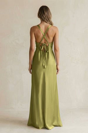 V - Neck Sheath Satin Bridesmaid Dress With Slit in Moss Green - KissProm Bridesmaid Dresses