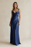 V - Neck Sheath Satin Bridesmaid Dress With Slit in Navy - KissProm Bridesmaid Dresses