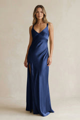 V - Neck Sheath Satin Bridesmaid Dress With Slit in Navy - KissProm Bridesmaid Dresses