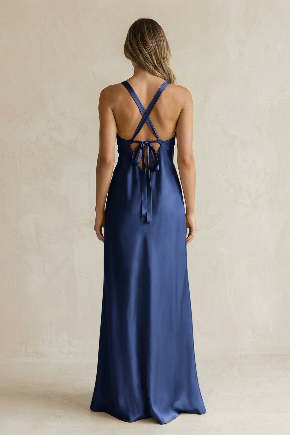 V - Neck Sheath Satin Bridesmaid Dress With Slit in Navy - KissProm Bridesmaid Dresses