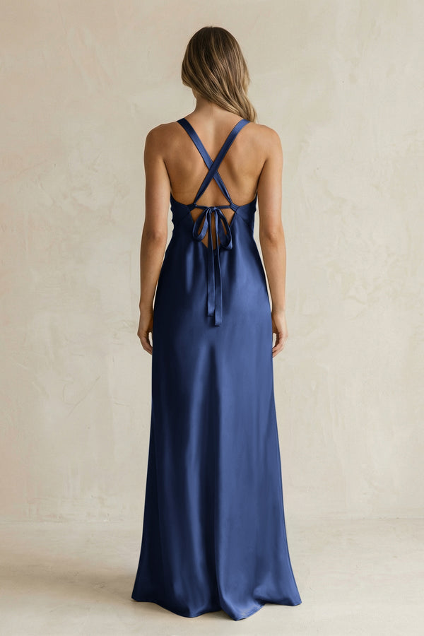 V - Neck Sheath Satin Bridesmaid Dress With Slit in Navy - KissProm Bridesmaid Dresses