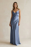 V - Neck Sheath Satin Bridesmaid Dress With Slit in Neptune - KissProm Bridesmaid Dresses