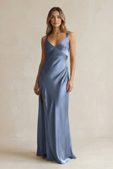 V - Neck Sheath Satin Bridesmaid Dress With Slit in Neptune - KissProm Bridesmaid Dresses
