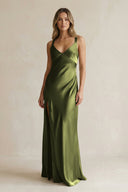 V - Neck Sheath Satin Bridesmaid Dress With Slit in Olive - KissProm Bridesmaid Dresses