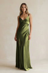 V - Neck Sheath Satin Bridesmaid Dress With Slit in Olive - KissProm Bridesmaid Dresses