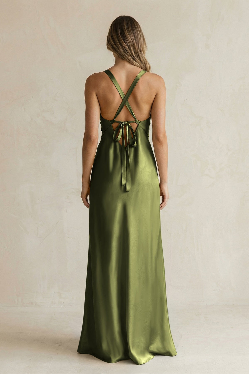V - Neck Sheath Satin Bridesmaid Dress With Slit in Olive - KissProm Bridesmaid Dresses