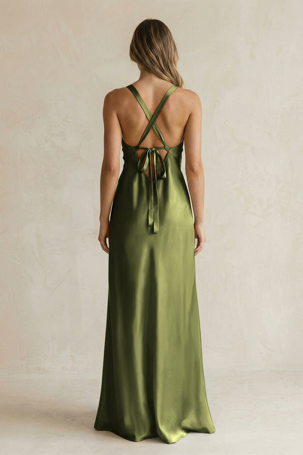 V - Neck Sheath Satin Bridesmaid Dress With Slit in Olive - KissProm Bridesmaid Dresses