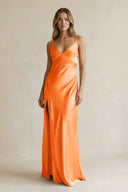 V - Neck Sheath Satin Bridesmaid Dress With Slit in Orange - KissProm Bridesmaid Dresses