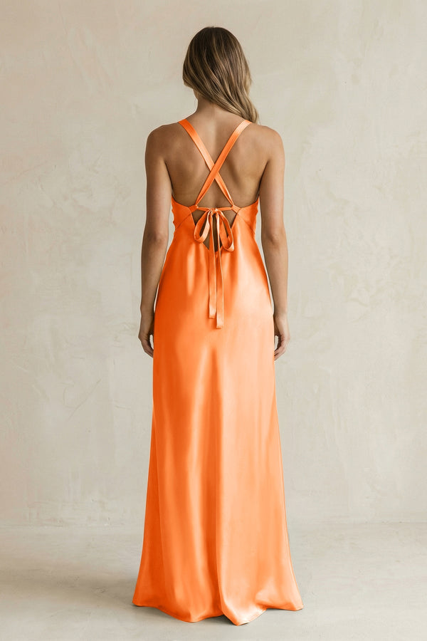 V - Neck Sheath Satin Bridesmaid Dress With Slit in Orange - KissProm Bridesmaid Dresses