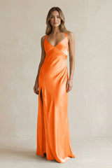 V - Neck Sheath Satin Bridesmaid Dress With Slit in Orange - KissProm Bridesmaid Dresses
