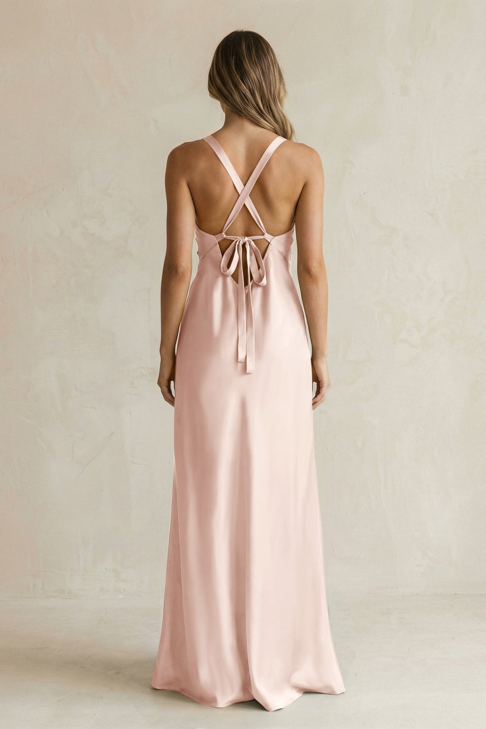 V - Neck Sheath Satin Bridesmaid Dress With Slit in Pale Blush - KissProm Bridesmaid Dresses