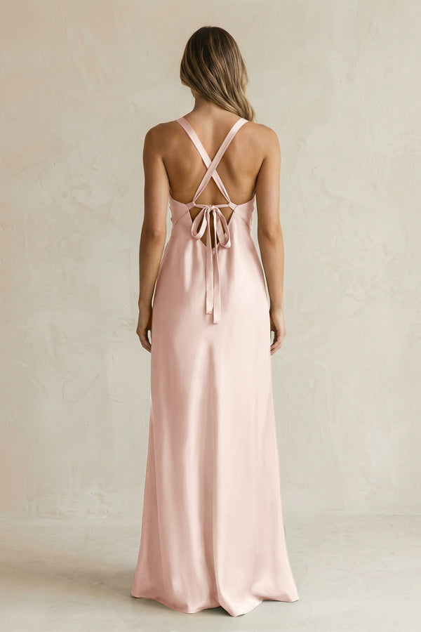 V - Neck Sheath Satin Bridesmaid Dress With Slit in Pale Blush - KissProm Bridesmaid Dresses