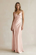 V - Neck Sheath Satin Bridesmaid Dress With Slit in Pale Blush - KissProm Bridesmaid Dresses