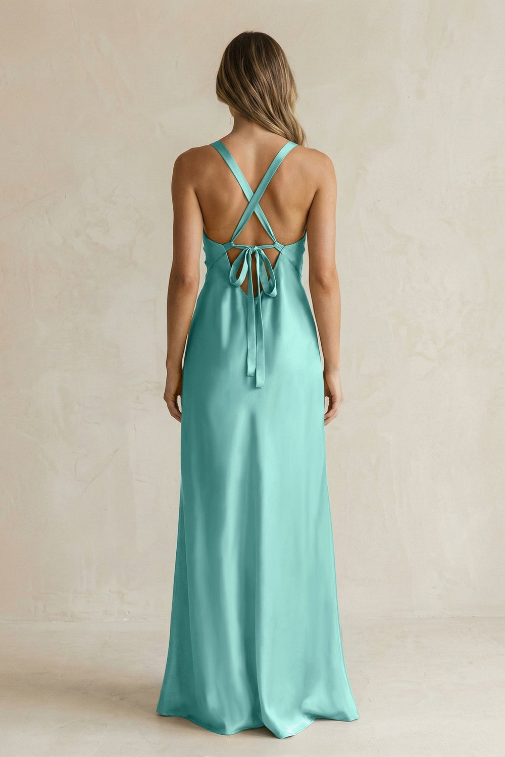 V - Neck Sheath Satin Bridesmaid Dress With Slit in Pale Pistachio - KissProm Bridesmaid Dresses