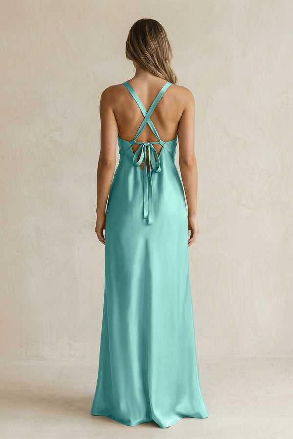 V - Neck Sheath Satin Bridesmaid Dress With Slit in Pale Pistachio - KissProm Bridesmaid Dresses