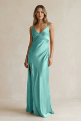 V - Neck Sheath Satin Bridesmaid Dress With Slit in Pale Pistachio - KissProm Bridesmaid Dresses