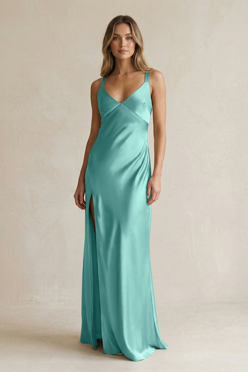 V - Neck Sheath Satin Bridesmaid Dress With Slit in Pale Pistachio - KissProm Bridesmaid Dresses