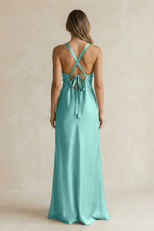 V - Neck Sheath Satin Bridesmaid Dress With Slit in Pale Pistachio - KissProm Bridesmaid Dresses