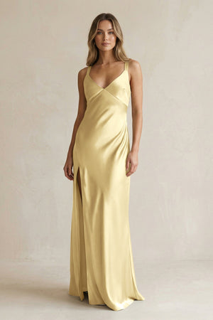 V - Neck Sheath Satin Bridesmaid Dress With Slit in Pastel Yellow - KissProm Bridesmaid Dresses