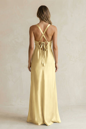 V - Neck Sheath Satin Bridesmaid Dress With Slit in Pastel Yellow - KissProm Bridesmaid Dresses