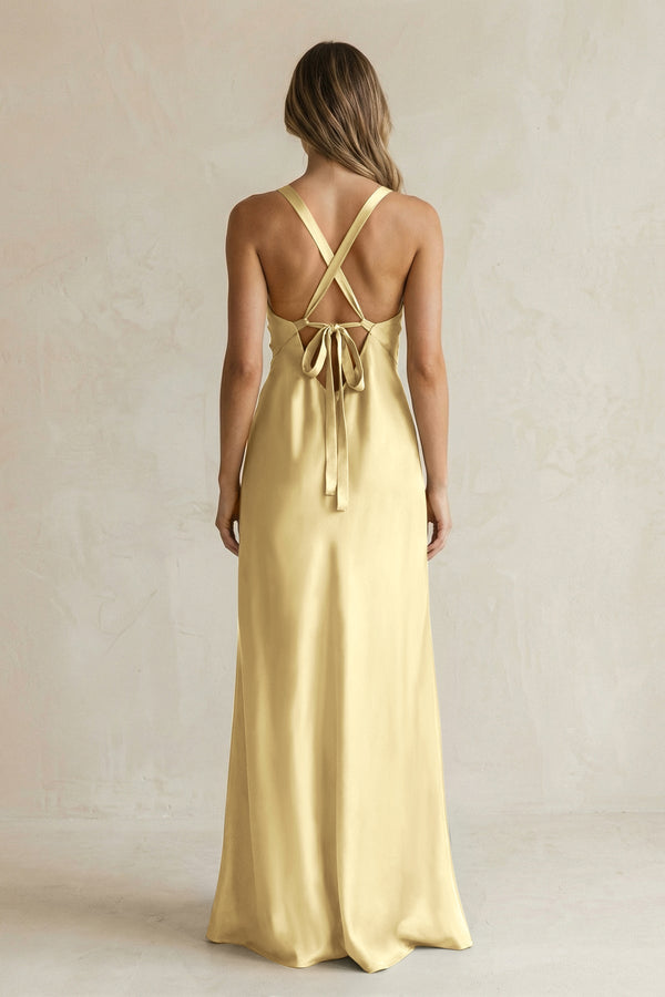 V - Neck Sheath Satin Bridesmaid Dress With Slit in Pastel Yellow - KissProm Bridesmaid Dresses