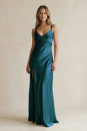 V - Neck Sheath Satin Bridesmaid Dress With Slit in Pine - KissProm Bridesmaid Dresses