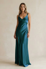 V - Neck Sheath Satin Bridesmaid Dress With Slit in Pine - KissProm Bridesmaid Dresses