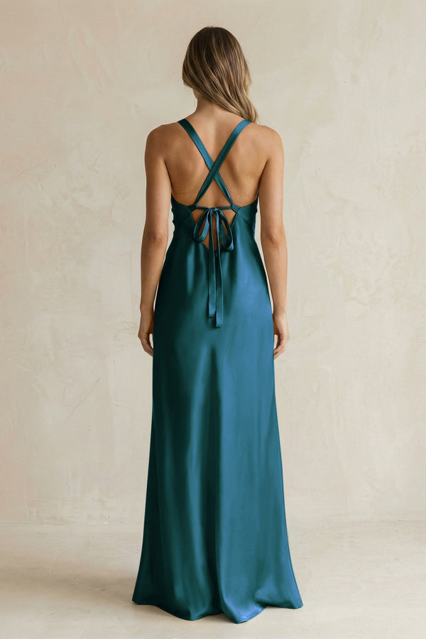 V - Neck Sheath Satin Bridesmaid Dress With Slit in Pine - KissProm Bridesmaid Dresses