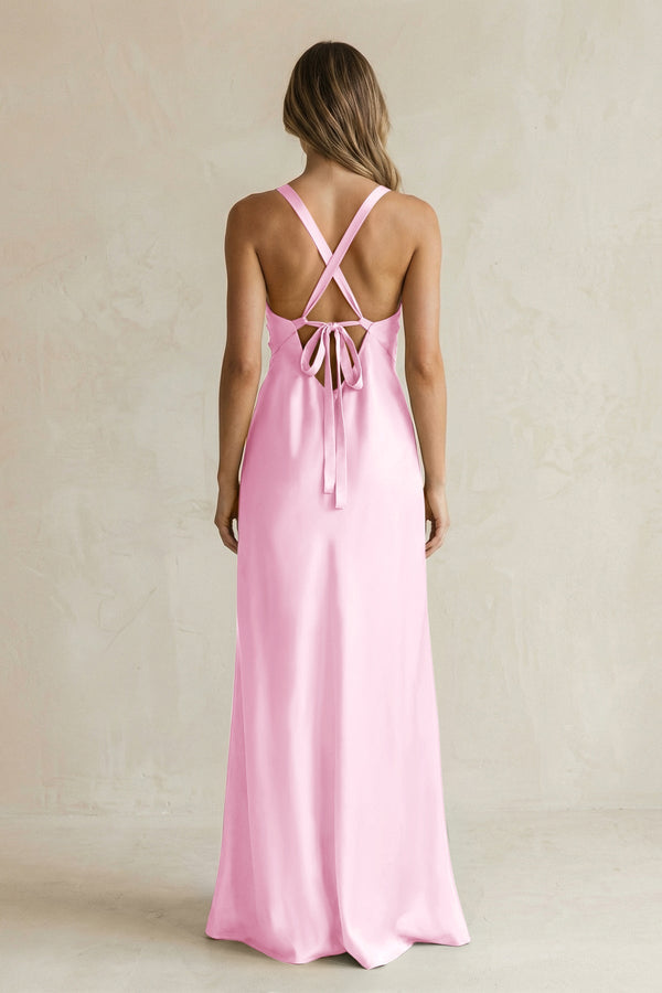 V - Neck Sheath Satin Bridesmaid Dress With Slit in Pink - KissProm Bridesmaid Dresses