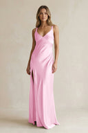 V - Neck Sheath Satin Bridesmaid Dress With Slit in Pink - KissProm Bridesmaid Dresses