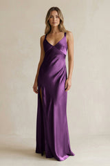 V - Neck Sheath Satin Bridesmaid Dress With Slit in Plum - KissProm Bridesmaid Dresses