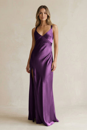 V - Neck Sheath Satin Bridesmaid Dress With Slit in Plum - KissProm Bridesmaid Dresses