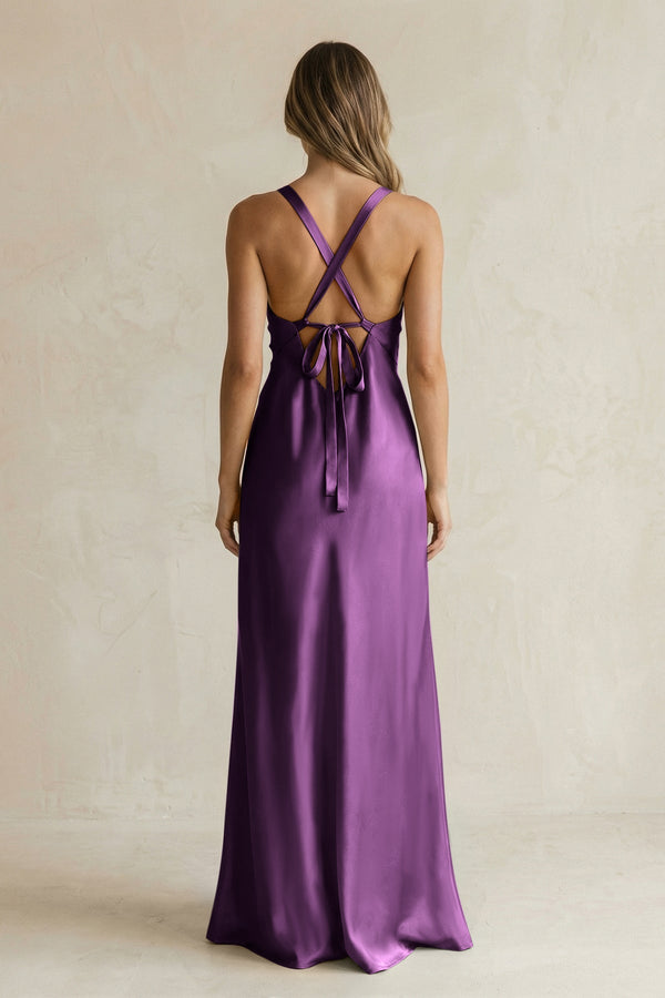 V - Neck Sheath Satin Bridesmaid Dress With Slit in Plum - KissProm Bridesmaid Dresses