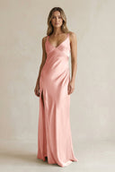 V - Neck Sheath Satin Bridesmaid Dress With Slit in Rose Petal - KissProm Bridesmaid Dresses