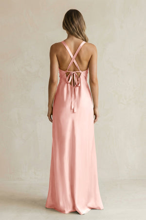 V - Neck Sheath Satin Bridesmaid Dress With Slit in Rose Petal - KissProm Bridesmaid Dresses