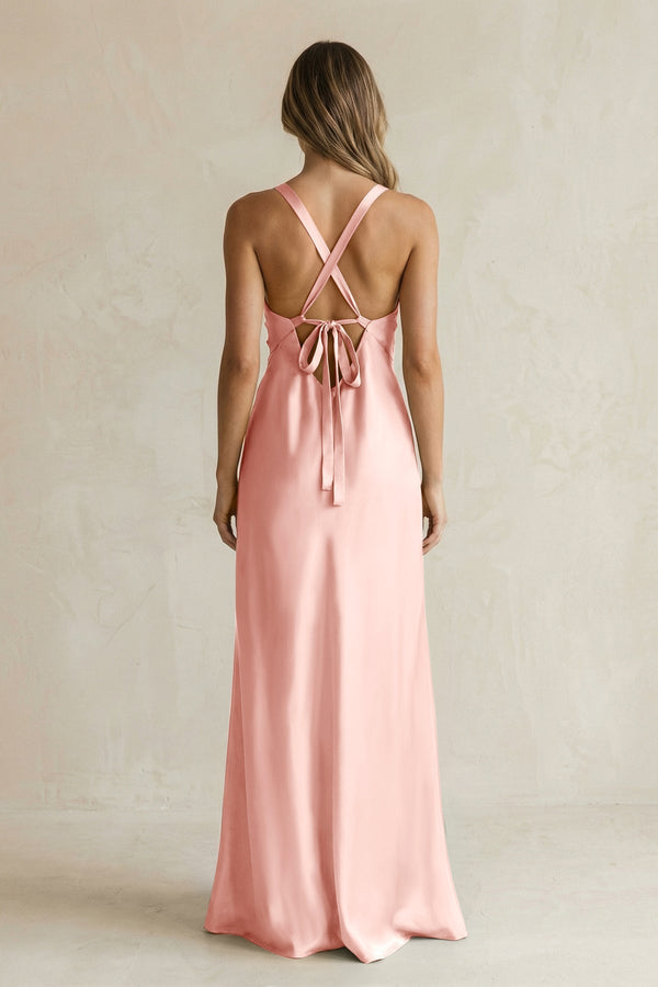 V - Neck Sheath Satin Bridesmaid Dress With Slit in Rose Petal - KissProm Bridesmaid Dresses