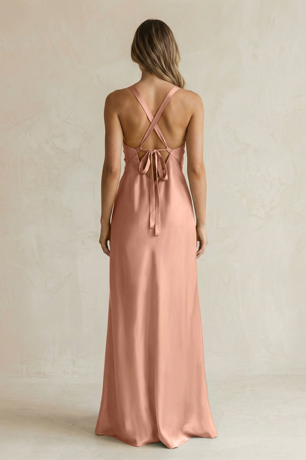 V - Neck Sheath Satin Bridesmaid Dress With Slit in Rosette - KissProm Bridesmaid Dresses