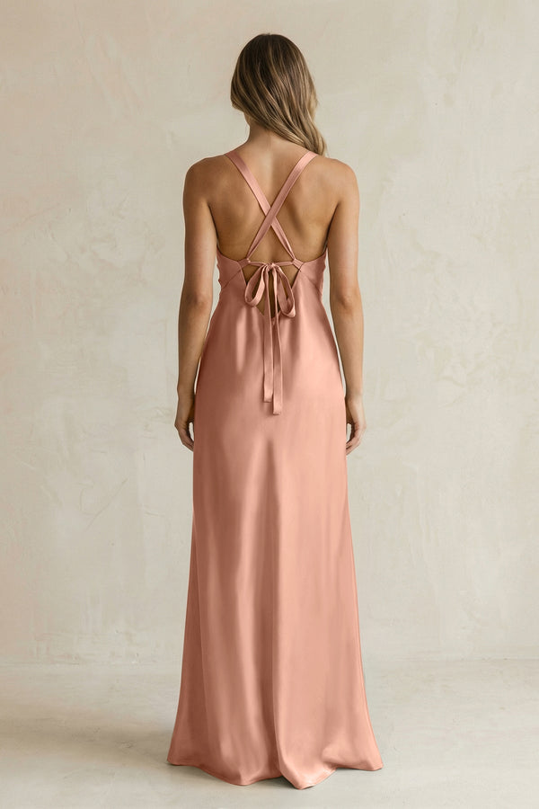 V - Neck Sheath Satin Bridesmaid Dress With Slit in Rosette - KissProm Bridesmaid Dresses