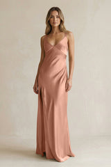 V - Neck Sheath Satin Bridesmaid Dress With Slit in Rosette - KissProm Bridesmaid Dresses