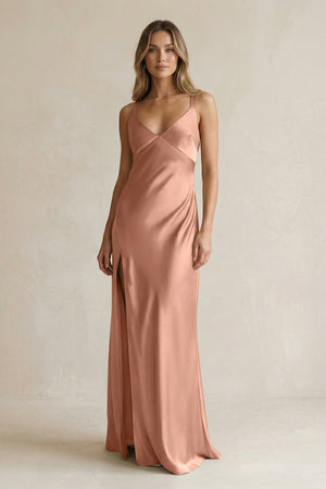 V - Neck Sheath Satin Bridesmaid Dress With Slit in Rosette - KissProm Bridesmaid Dresses